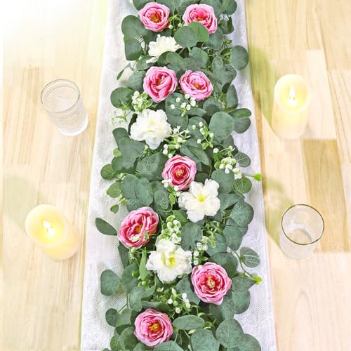 UXORSN Guirnalda de flores artificiales de eucalipto de 12 pies con rosas blancas y rosas, plantas falsas, guirnalda floral de seda, hiedra sintética de Gypsophila para decoración de bodas, hogar,