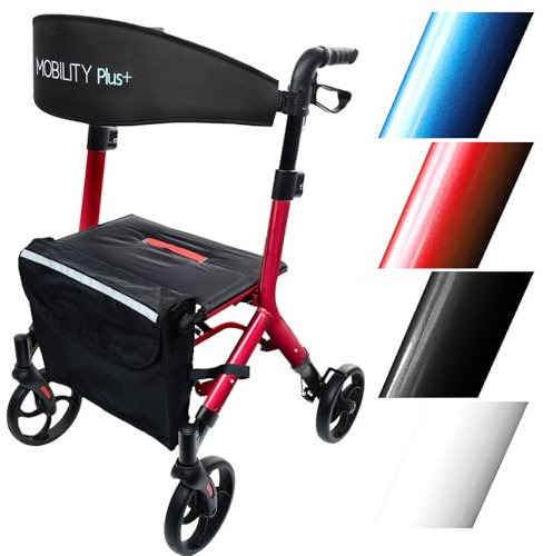 Mobility Plus+ Design Rollator DR10+ Rot - Indoor & Outdoor, schmal & faltbar - höhenverstellbare Gehhilfe für Senioren mit Rückengurt & Tasche - Innenliegende Bremszüge ohne störende Kabel