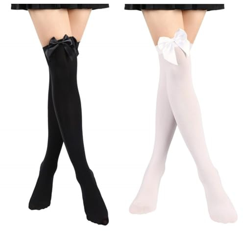 Strumpor med rosett dam, Overknees strumpor dam med rosett höga strumpor overknee strumpor knähöga strumpor för flickor cosplay party jul (svart, vit)