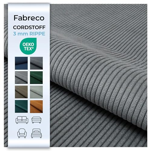 Fabreco CORDSTOFF Meterware TORANOS (100 cm x 142 cm) – Gewicht 330 g/m2 – Feincord Stoff Meterware für Sofa & Stühle – Polsterstoff für Möbelstoff – Möbelstoffe, Dekostoff & Stoffe DIY (Grau)
