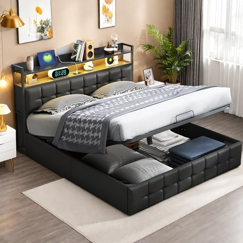 Polsterbett 160x200 cm mit Stauraum, Doppelbett mit Led und Lattenrost, Boxspringbett mit Staufach und USB Ladefunktion, Hydraulisch Stauraumbett Funktionsbetten Jugendbett, Ohne Matratze, PU, Schwarz