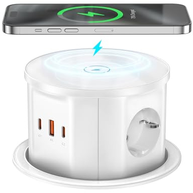 Jgstkcity Versenkbare Tischsteckdose 3-Fach mit 65W USB‑C PD, Weiß | Einbau Steckdose mit 3 USB-Ports & 15W kabellosem Laden, Ø120mm Einbauausschnitt für Arbeitsplatte, Küche & Büro
