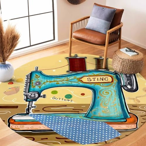 ZJHAHJY Bohemian Floral Bordered Area Rug for Entrance Kitchen Non-Slip Vintage Sewing Equipment Accessories Round Rugs Dorm Decor Low Pile Rustic Farmhouse Carpet 3ft
