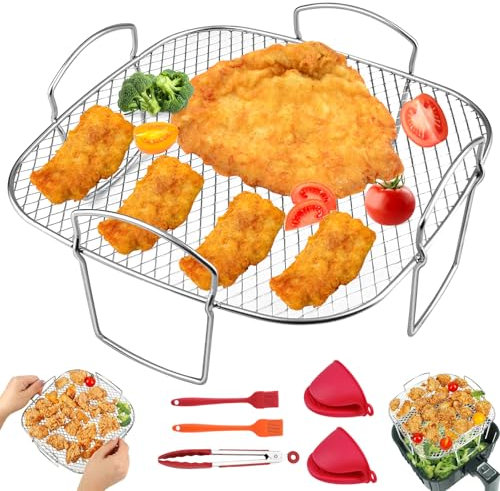 GZqiancang 6 Stück Grillrost Heißluftfritteuse Set, Edelstahl Airfryer Gitter für Heißluftfritteuse, Backofen, Dampfgarer, Dehydrator(21×21×9.3 cm)