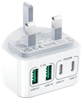 USB C Plug UK, 40W 4-Port USBC Plug Fast Charge Multi Charger Plug Dual PD Power Adapter +QC Wall Charger Head Multiport Type C Charging Plug for iPhone 16 15 14 13 12 11 Pro Max Plus, Samsung, iPad