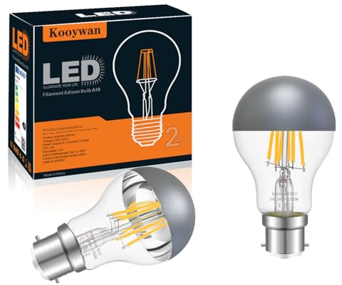 KOOYWAN B22 Bayonet Gray Silver Crown Light Bulb-Dimmable 6W A60 A Shape Decorative Classic LED Edison Bulb Gold Mirror Tipped Reflected Light 2700K Warm White-Pack of 2
