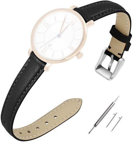 EACHE Uhrenarmband 12mm Leder Schnellverschluss Uhrenarmbänder für Damen Schwarz Lederarmband Silber Schnalle