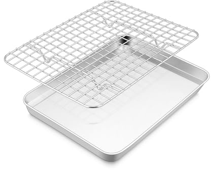 E-far Stainless Steel Baking Sheet with Wire Rack Set, 10.5” x 8.3” Cookie Sheet Baking Pan for Toaster Oven, Small Metal Tray with Cooling Rack for Cooking Roasting, Non-Toxic & Dishwasher Safe