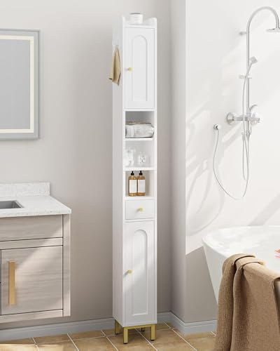 Hzuaneri Mobile Bagno, Mobiletto Bagno Salvaspazio a Colonna da Terra con Ripiani Regolabili, 1 Cassetto, 2 Ante, 20 x 20 x 180 cm, Mobile Alto per Soggiorno, Camera Da Letto, Bianco BC28013XV1
