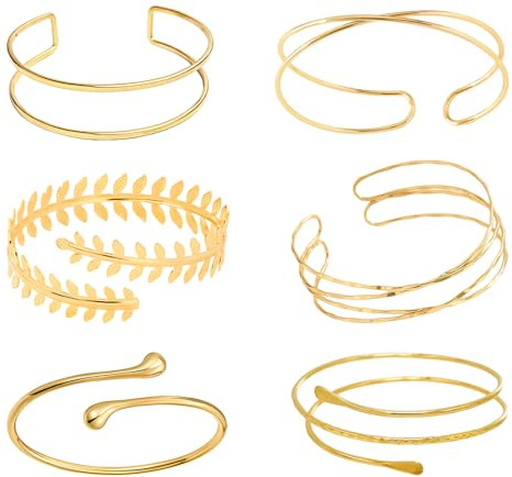 AHEJIOO Armreif gold Damen Set, 6-teiliges Verstellbares Oberarmreif Gold Schmuck, 14K Vergoldet, Armreif Gold Oberarm mit Minimalistischem Design für Partys und Besondere Anlässe