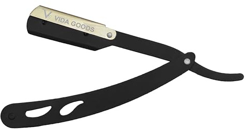 VIDA GOODS Cut Throat Razor for Men. Classic Straight Traditional Single Blade Shaving Razor. Professional Barber Manual Shavette for Moustache & Beard Grooming (Black with Gold)