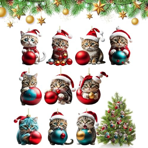 10 Piezas Llavero Colgante de Árbol de Navidad,Adornos para el Árbol de Navidad,Decoración de Árbol de Navidad de Gato,Colgante de Gato de Navidad,Decoración de Fiesta,Decoración Navideña