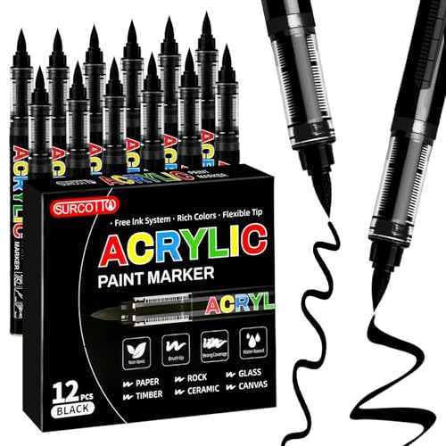 Surcotto 12 Black Acrylic Paint Pen, Soft Brush Tip Acrylic Pen,Waterproof Paint Markers for Rock, Wood, Pebbles, Glass, Ceramic, Stones, Fabric, Canvas, Craft, Black Permanent Marker Pen Set