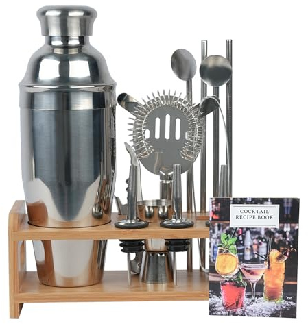 15pcs Cocktail Making Set 720ml Cocktail Shaker with Wooden Display Stand & 22 Recipe Cards Stainless Steel Bartending Kit for Home Bar Mixology Gift Set