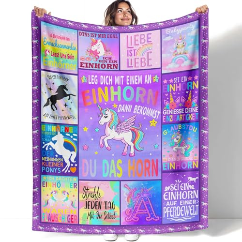 YISUMEI Einhorn Kuscheldecke 125x150cm, Motivierenden Sprüchen Design Einhorn Decke, Kinder Weich Flauschig Fleecedecke, Geschenk für Mädchen, Lila