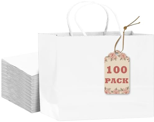 Gcardist Presentpåsar av vitt papper med handtag, 100 stycken, 30,5 x 10 x 25,4 cm, festpåsar, presentpåsar för många användningsområden