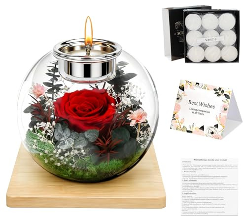 Rosa Eterna, Rosa Stabilizzata Vera Sotto Cupola di Vetro con 18 Candele Profumate - un Biglietto d'Auguri e un Vassoio di Bambù Regalo per Donna, Moglie, Fidanzata, Compleanno (Rosso)