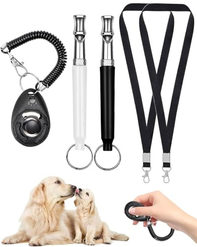 HUVZOR 2 Confezioni Fischietto per Cani con Clicker Nero e Lanyard, Fischietto Ultrasuoni per Richiamo e Anti-Abbaiamento, con Laccio (Nero e Bianco)​
