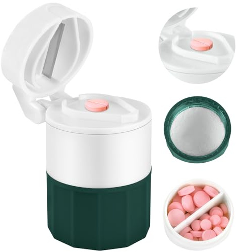 Fefod Broyeur de Comprimés 4 en 1, Boîte à Médicaments avec Coupe-Comprimé en Acier Inoxydable, Broyeur et Rangement, coupe médicament, pour Personnes Agées Bébés et animaux livré avec brosse offerte