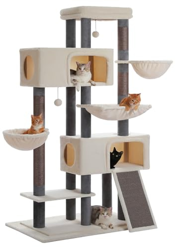 PAWZ Road Großer Kratzbaum für Katzen, XXL Kratzbaum mit Höhlen, Liegeschalen, Sisal-Kratzsäulen und Rampe – Stabiler Katzenturm für Indoor, mehrstöckiger Katzenbaum für mehrere Katzen 209cm Beige