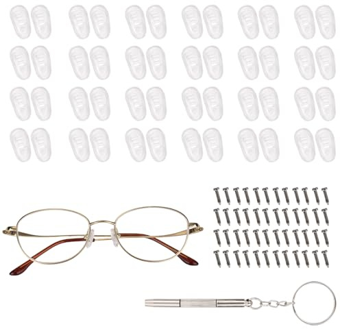 Fukaisu 24 Paar Silikon-Nasenpads mit Schraubbefestigung | Inklusive Schraubendreher und Schraube Transparent Weich Brillen Nasenpads für Brillen mit Metallrahmen und Kurzsichtigkeit