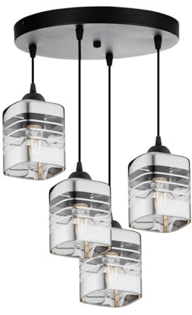 KAR LIGHTING Runde Pendellampe 4-flammig Schwarz – höhenverstellbare Loft Hängeleuchte aus Metall mit Glas und Silber – E27 Hängelampe für Wohnzimmer, Esszimmer, Küche oder Büro