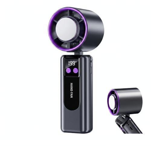 Mini Ventilador Portátil, Ventilador de Mano con Pantalla LED, Ventiladore de Cuello Fuerte, 3000 mAh, Silencioso Recargable por USB, Mesa Plegable para Viajes en la Playa, Oficina Deportiva (Gris)