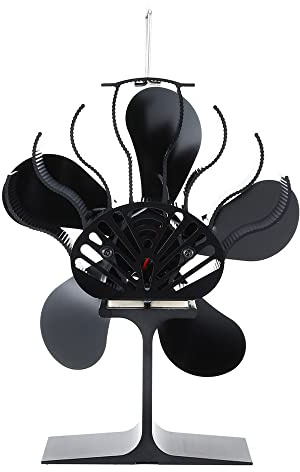 QWUUYEC Fireplace Heat Powered Stove Fan with 5 Blades, Aluminum Alloy Wood Stove Fans, Black - Silent Operation, Eco - Friendly Heat Circulation, Includes Magnetic Stove Thermometer for