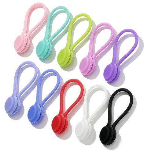 10Pcs Magnetic Cable Ties,Soft Silicone Reusable Zip Ties | Multi-Color Magnetic Twist Ties for Home,Office,Travel - Versatile Silicone Cable Organizer Clips for Cord Management