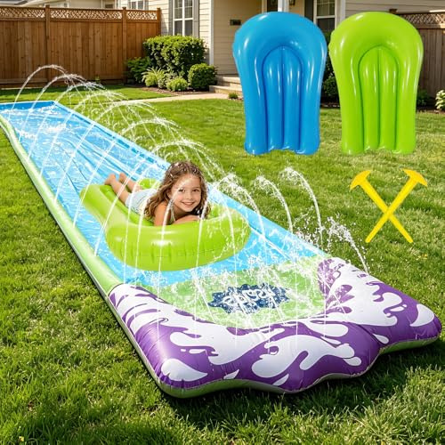CLIUNT Wasserrutsche Garten, 480 x 70 cm Single Water Slide, Wasserrutschmatte mit 2 Bodyboards, Eingebautem Sprinkler, Wasserspielzeug Garten und Outdoor für Kinder Erwachsene (Blau)