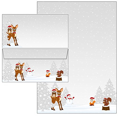 Waldtiere Weihnachten Winter Set 50-teilig 25 Blatt Briefpapier + 25 Stück Briefumschläge DIN lang ohne Fenster 51085+61085