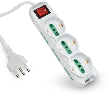 Mach Power Ciabatta Multipresa Elettrica 9 Posti (3 Polivalenti ITA 10/16A e Schuko + 6 Bivalenti ITA 10/16A), Interruttore Generale, Cavo da 1,5m con Spina Italiana 16A, Potenza 250V/3500W (MP-3077)