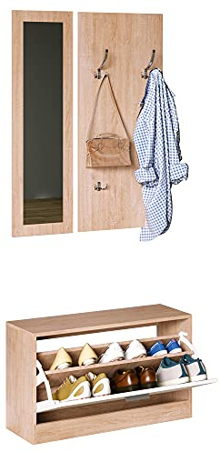 HOMCOM Conjunto de Muebles de Entrada Recibidor Pasillo Set de 3 Piezas Zapatero Espejo Perchero con 4 Ganchos para Colgar Ropa 80x27x46,5cm Madera