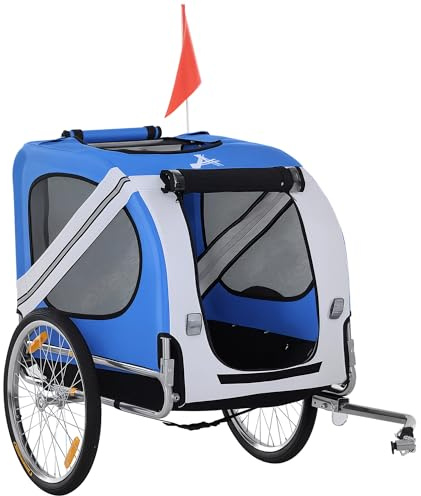 Aosom Dog Bike Trailer, Pet Wagon Bicycle Trailer with Easy Folding Cart Frame, 20 Large Rubber Wheels, 3 Entrances, Mesh Screen, Pet Bike Trailer for Off-Road & Travel, Blue and White