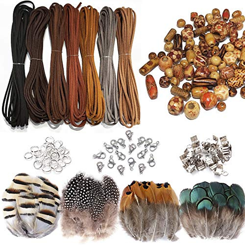Zasiene Juego de 437 Piezas Cuerda de Cuero Cordon Cuero para Gamuza Plumas Decoracion Cuentas de Madera Pintados para DIY Artesanía con Cuentas de Madera Mixtas+Clips de Alambre + Pluma Artificial