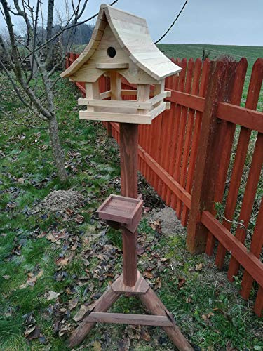 Vogelhaus mit Nistkasten und Ständer aus Holz, Futterhaus, Futterstation für Wildvögel, Vogelfutterhaus zum Stellen für den Garten oder Balkon 6 Farben (Natur)