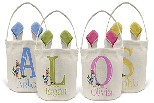 Print Maniacs Personalised Happy Easter Egg Hunt Basket Bucket Treat Sweets Chocolate Bunny Rabbit Treasure Party Gift Bag Kids Peter (Blue Ears)
