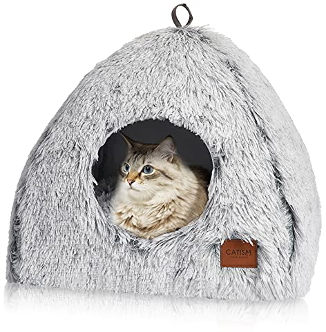 Katzenhöhle Katzenbett Katzenhaus Kuschelhöhle 40x40cm CATISM faltbar waschbar bequemer Katzenschlafplatz für Katzen Kätzchen Welpen mit abnehmbarem Katzenkopfkissen Grau