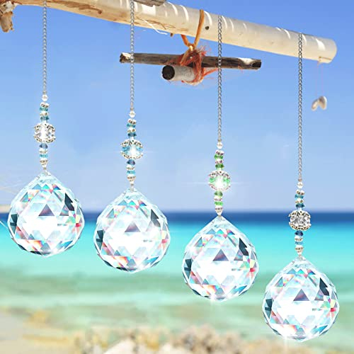 4 Piezas Colgante de Cristal Arcoíris,Atrapasol de Cristal,Prisma de Bola de Cristal Arcoiris,para Decoración de Interiores y Exteriores,Decoración de Balcones Familiares de Gardín