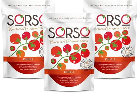 SORSO 3 x 330g | Vegan Ready- to-Use Tomato Sauce | No Added Sugar | Chilli Flavour | Premium Natural Recipe With Authentic Italian Taste | Use For Pizza, Pasta or for Soup