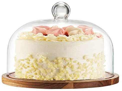 OLAMASA Holz Tortenplatte und Glas Glocke mit Fuß Und Haube Glasglocke Käse-Brett aus Holz Handgefertigtes Bleifrei Klarglas Käseglocke für Bäcker in Backen Bäckerei Kekse Gebäck (B 18cm/7.08in)