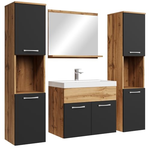 Badplaats badrumsmöbler komplett set Montreal XL 60 x 35 cm ek – badrumsmöbler med svarta handfat, spegel och 2 badrumsskåp