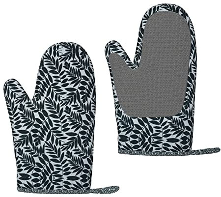 Schwarze Blätter bedruckte Ofenhandschuhe BBQ Handschuhe Küchenhandschuhe Silikon rutschfest zum Kochen BBQ Topflappen Mitt Sets von 2
