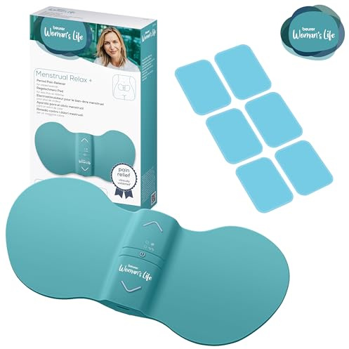 Beurer EM 55 Menstrual Relax+, gegen Menstruationsschmerzen und Schmerzen aus Endometriose, TENS und Wärme-Funktion, extra große Wärmefläche, mit wiederaufladbarem Akku, inkl. Nachkaufset (6 Gel Pads)