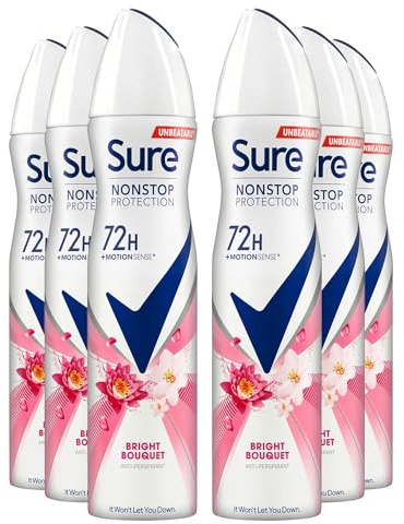 Sure Antiperspirant 72H Nonstop Sweat and Odour Protection Alcohol-Free Body Spray Anti-White Markswith Fresh and Clean Multi Fragrance Deodorant for Women, 250ml (Bright Bouquet, Buy 6)