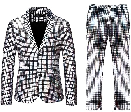 DeaAmyGline Glitzer Anzug Herren 2 Teilig Sets Pailletten Jacke und Hose Metallic Glänzende Anzüge für Männer Disco Outfit Party Karneval Kustüm Hochzeit Mottoparty Nachtclub Disco-Anzug