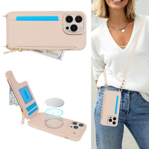 SailorTech for iPhone 13 Pro Case with Credit Card Holder magsafe, iPhone 13 Pro Phone Leather Case Wallet for Men Crossbody with mag safe Zipper Shockproof Case for Women - Beige
