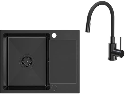 VBChome Fregadero de acero inoxidable negro con grifo, 60 x 48 cm, fregadero de acero inoxidable, gran lavabo con escurridor, dos agujeros, fregadero de cocina robusto y resistente a los arañazos con