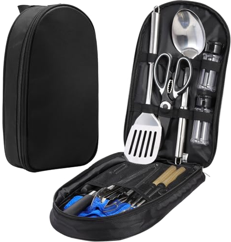 Lafuntar Camping Cooking Set, Camping Utensils Set, 14 Pcs Camping Cooking Equipment, Portable Outdoor Camping Kitchen Accessories, Black