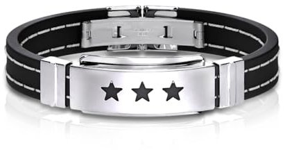 Paula & Fritz® Armband Herren Gummi Schwarz Silber Triple Stars 185-mm Lang 10-mm Breit Edelstahl Männer Damenarmband Armschmuck Gummiriemen-Armband